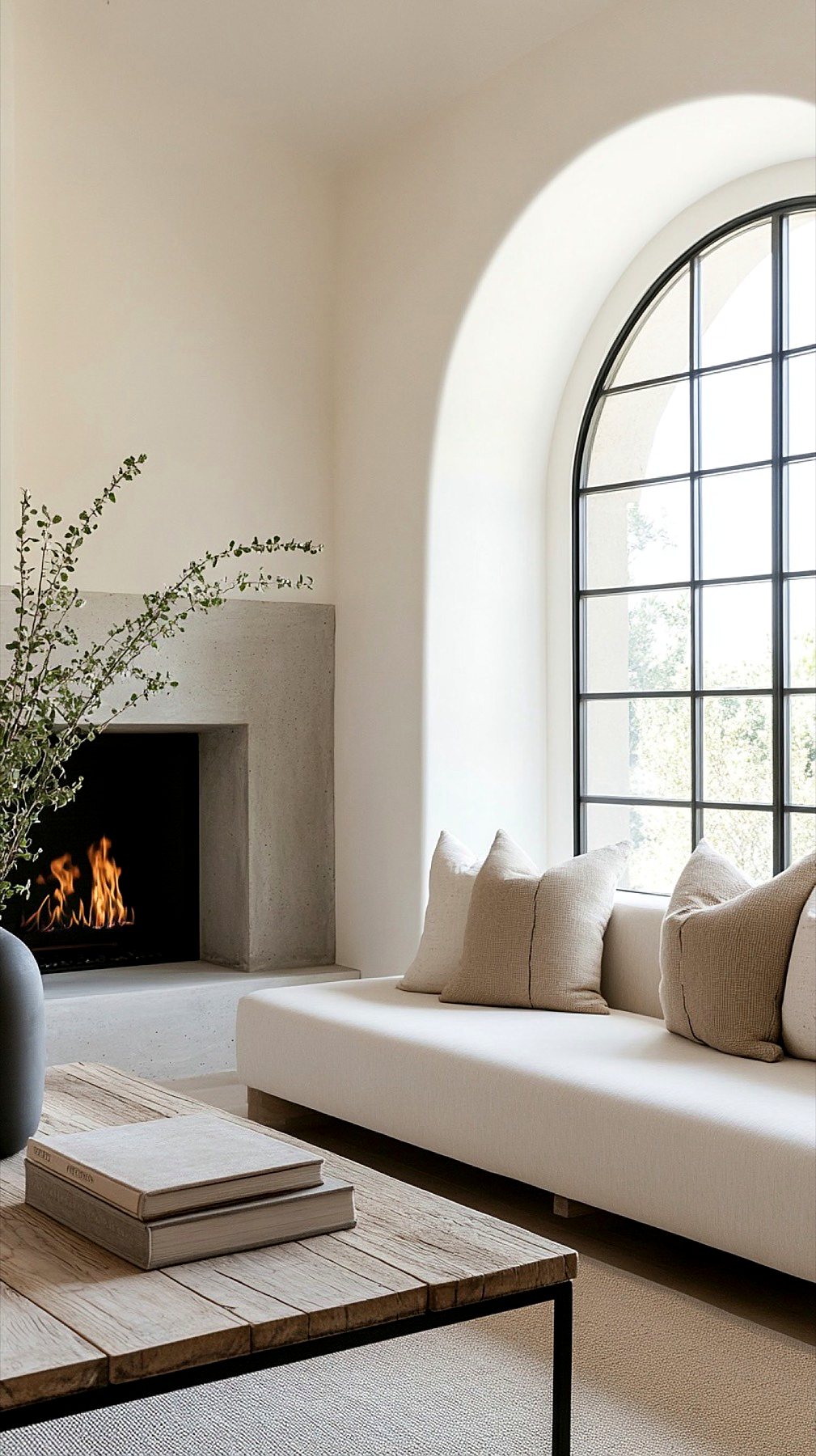 Arched steel window beside a stone fireplace