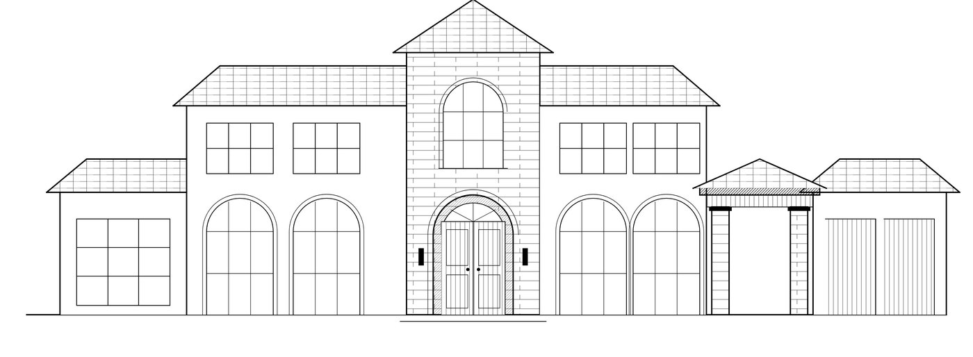 Palisade — front elevation, limestone entry tower with porte-cochère
