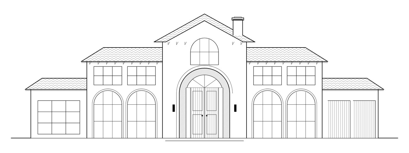 Tuxedo — front elevation, stucco with clay tile roofs and a grand entry arch